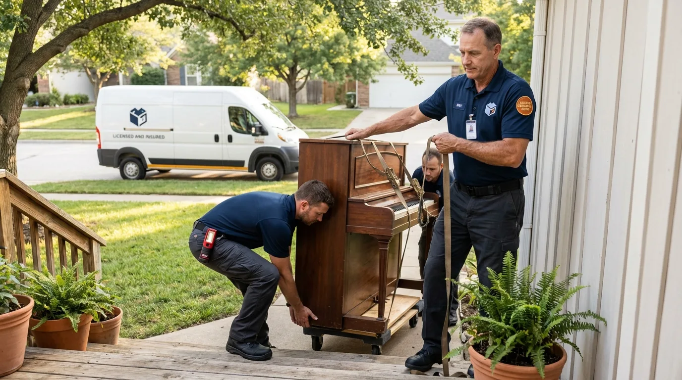 Licensed piano movers securing grand piano in Nyssa, OR