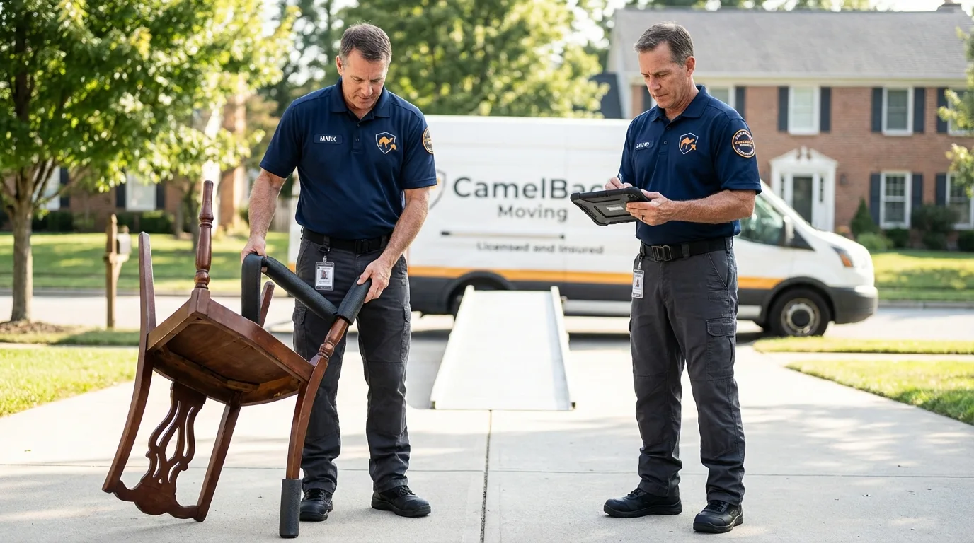 Movers inspecting furniture for damage prevention before loading in Nyssa, OR
