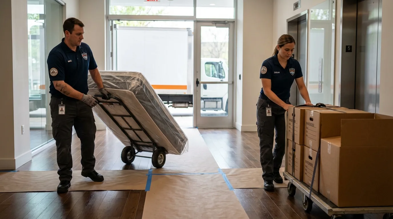 Professional apartment movers loading elevator in Nyssa, OR